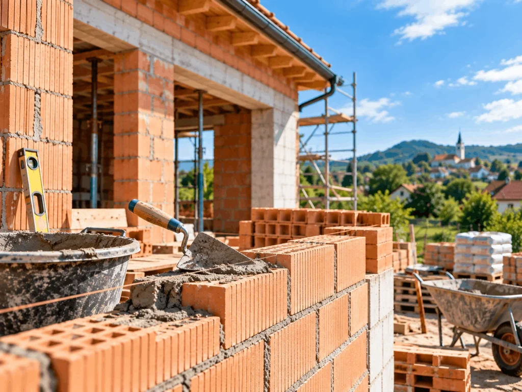 Kőműves munka családi ház falazásán építkezés közben